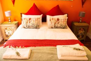 杰米斯顿Hidden Gem Art Guesthouse , one of a kind的一间卧室设有一张大床,拥有红色和黄色的墙壁