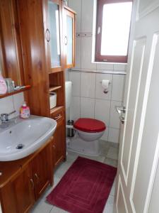 马林斯卡Villa AnaAngela的浴室配有盥洗盆和带红色座椅的卫生间。