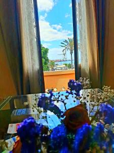 罗萨里奥港La Cueva del Bounty的窗户,有一束蓝色的鲜花在房间里