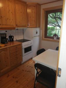 特纽尔Apartment AliS的厨房配有木制橱柜和白色炉灶烤箱。