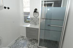 翁弗勒尔Près du Pont, Appartement 35m2 hyper centre Honfleur的一间带玻璃淋浴和水槽的浴室