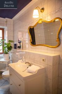 包岑ApartOne Altstadt-Hotel的一间带水槽、镜子和卫生间的浴室