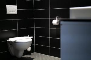 斯图加特Hotel Wirtshaus Garbe的一间带卫生间的浴室和黑色瓷砖墙