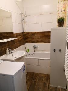 布达佩斯Green Garden Plus Apartman的浴室配有盥洗盆和浴缸。