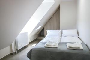 姆拉哥沃Apartamenty Mazury Kamienica Centrum的一间卧室配有一张床,上面有两条毛巾