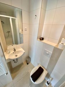 布拉格洛伦兹咖啡家庭酒店的白色的浴室设有卫生间和水槽。