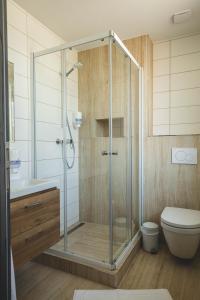 米库洛夫Apartmány Pemag Mikulov的一间带卫生间的浴室内的玻璃淋浴间