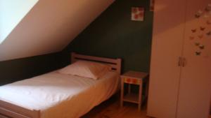 Bessais-le-FromentalLes Gallerands的一间小卧室,配有一张床和绿色的墙壁