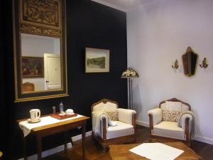 于伊Château de Bonne Espérance的一间设有两把椅子、一张桌子和一面镜子的房间