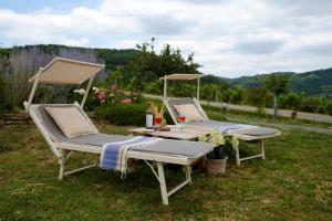 BubbioTre colline in langa的草地上设有两把躺椅和一张桌子