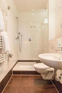 纽伦堡毕胡法旅馆酒店的带淋浴、卫生间和盥洗盆的浴室