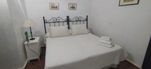 查兹拉德拉谢拉La Cartuja de Cazalla的卧室配有白色的床和灯