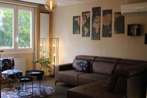 阿尔比The Originals City, Hôtel Rive Droite, Albi "Quartier Madeleine"的客厅设有棕色的沙发和窗户。