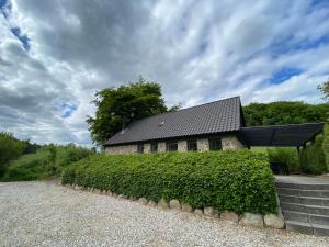 斯坎讷堡Stenhuset i Pilbrodalen的黑色屋顶和树 ⁇ 的房子