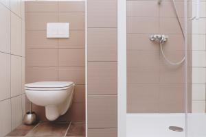 PrevaljeGostišče Krivograd的浴室设有卫生间和淋浴,两幅图片