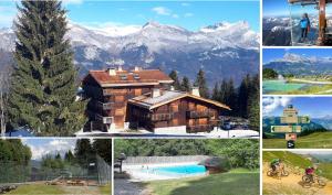 圣热尔韦莱班Saint Gervais - Le Bettex T3 Duplex (1400m d'altitude)/ 55m2 / Vue Mont Blanc - Aux Pieds des Pistes!的照片与房子和树相拼合