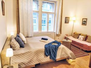布拉迪斯拉发历史中心公寓的一间卧室设有一张大床和一个窗户。