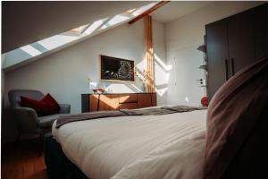 布尔诺Luxury Oasis, Sauna, AC and Free Parking的一间卧室配有一张大床和一把椅子