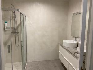 费罗尔Apartamento céntrico y moderno的一间带玻璃淋浴和水槽的浴室