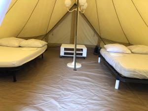 绍桑独木舟露营酒店的帐篷配有两张床和一根杆子