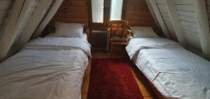 科利比塔Traditional Casa Pescarului langa lac cu ponton的红色地毯的客房内设有两张单人床
