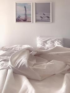 埃弗勒莫纳斯Volta Superior Studios的一张铺有白色床单的床和两张墙上的照片