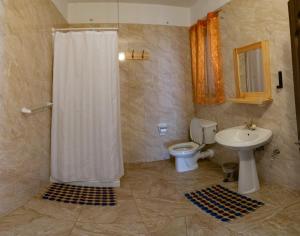 马萨尔福恩落日海景公寓式酒店的带淋浴、卫生间和盥洗盆的浴室