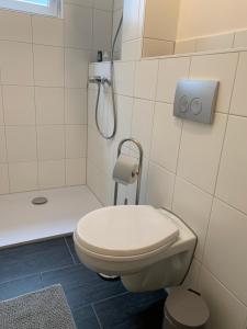 FrensdorfSüßes Zimmer im Souterrain的白色的浴室设有卫生间和淋浴。