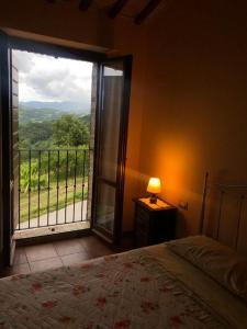 CastelplanioAgriturismo "Le Piagge"的一间卧室设有一张床和一个美景窗户。
