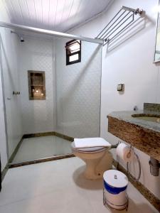 佩德拉阿祖尔Pousada Vale da Mata的带淋浴、卫生间和盥洗盆的浴室