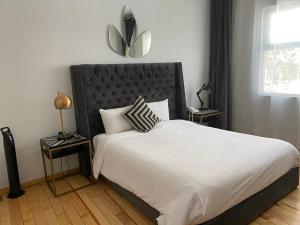 墨西哥城Suites Alcazar的一间卧室配有一张大床和黑色床头板