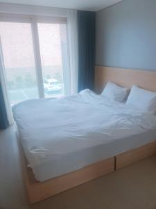 束草市Sokcho Daemyung Heidi Pension的卧室配有白色的床和窗户