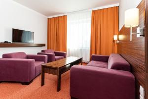 帕尔杜比采欧元酒店的酒店客房设有紫色沙发和电视