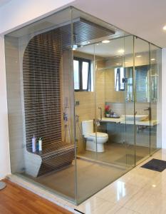 八打灵再也夏娃套房公寓的一间带玻璃淋浴和卫生间的浴室