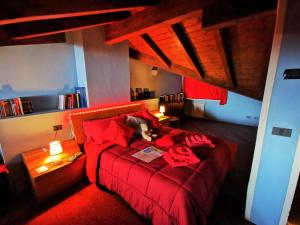 斯特雷萨Alba sul lago B&B的卧室配有红色的床,上面有一只猫