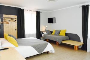 巴斯洛内特巴尔瑟洛内特普拉塞特酒店的一间带两张床、一张沙发和一台电视的卧室