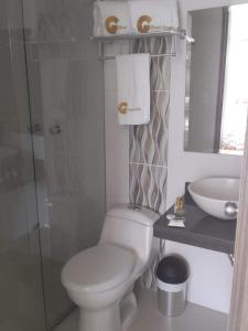 马尼萨莱斯Hotel Grato Manizales的白色的浴室设有卫生间和水槽。
