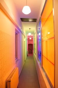 布尔诺Schrott Bed&Beer的走廊上设有色彩鲜艳的墙壁和长长的走廊