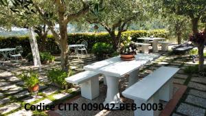 诺利B&B Elfo degli Ulivi的公园里的白色野餐桌和长凳