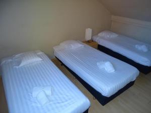鲁汶Condo Gardens Leuven - Large One Bedroom的小客房内的两张床,配有白色床单