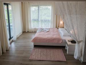 巴尔奇克白岩城堡套房酒店及SPA的一间卧室设有一张床和一个大窗户