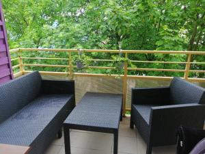 科沃布热格Apartament Nadmorski的两把蓝色的椅子和桌子,位于带树木的阳台