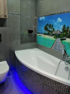 科沃布热格Apartament Nadmorski的带浴缸的浴室,享有泳池美景