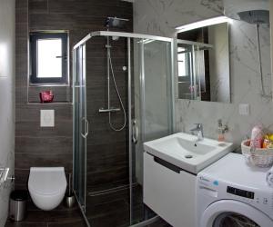 蒂瓦特Ralux apartman Tivat的带淋浴、卫生间和盥洗盆的浴室