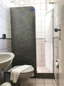 戈亚尼亚Hotel Serra das Águas的带淋浴、卫生间和盥洗盆的浴室