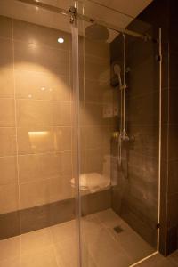 斯里巴加湾市Higher Hotel的浴室内带卫生间的玻璃淋浴间