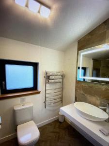 乌伊格Stones Luxury B&B with hot tub and self-contained rooms的一间带水槽、卫生间和镜子的浴室
