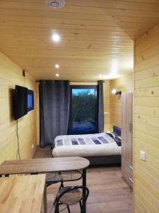 锡耶Lodge du Léman的卧室配有一张床和一张桌子