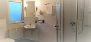 KindsbachLandhotel Schuff的带淋浴和盥洗盆的白色浴室