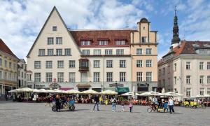 塔林Tallinn City Apartments Old Town Square的一群站在大建筑前面的人